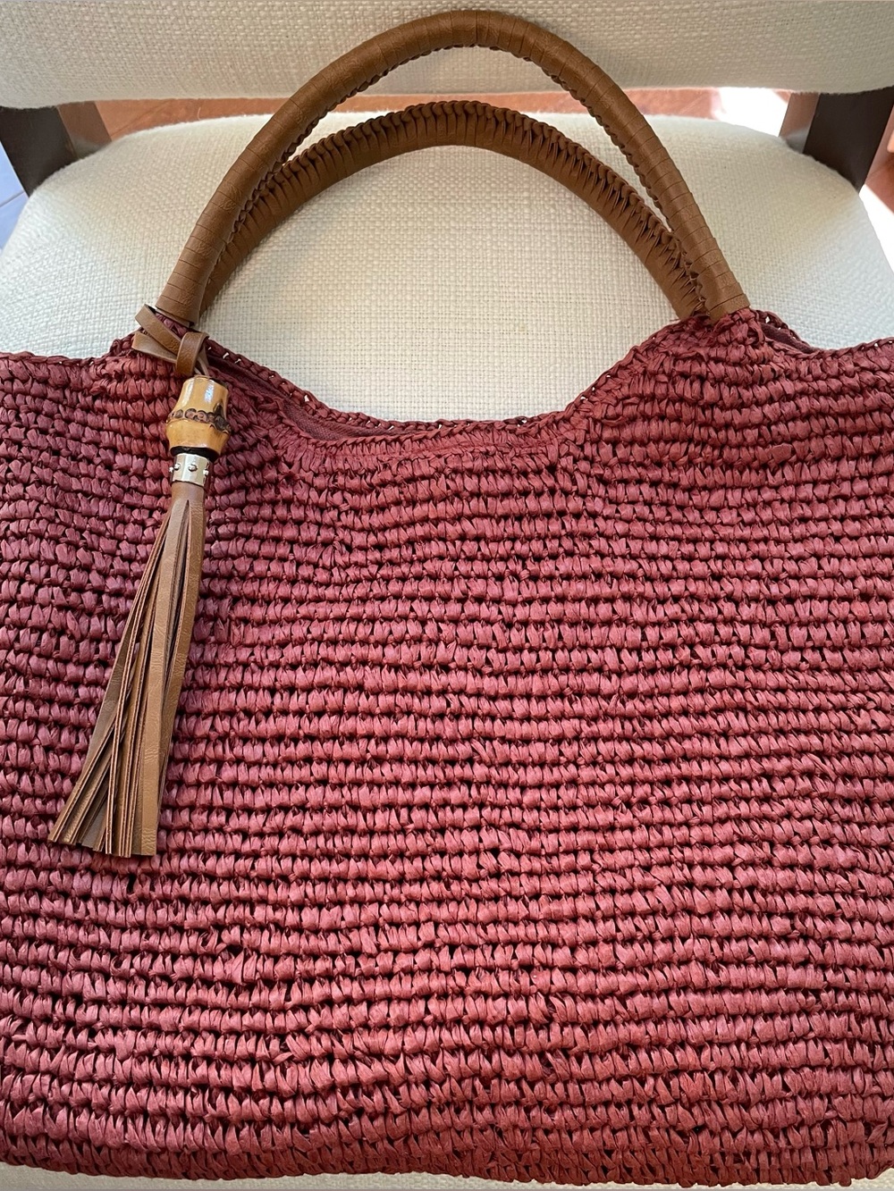 Tommy Bahama Woven Straw Tote Bag in red/rust color  with Brown Handles